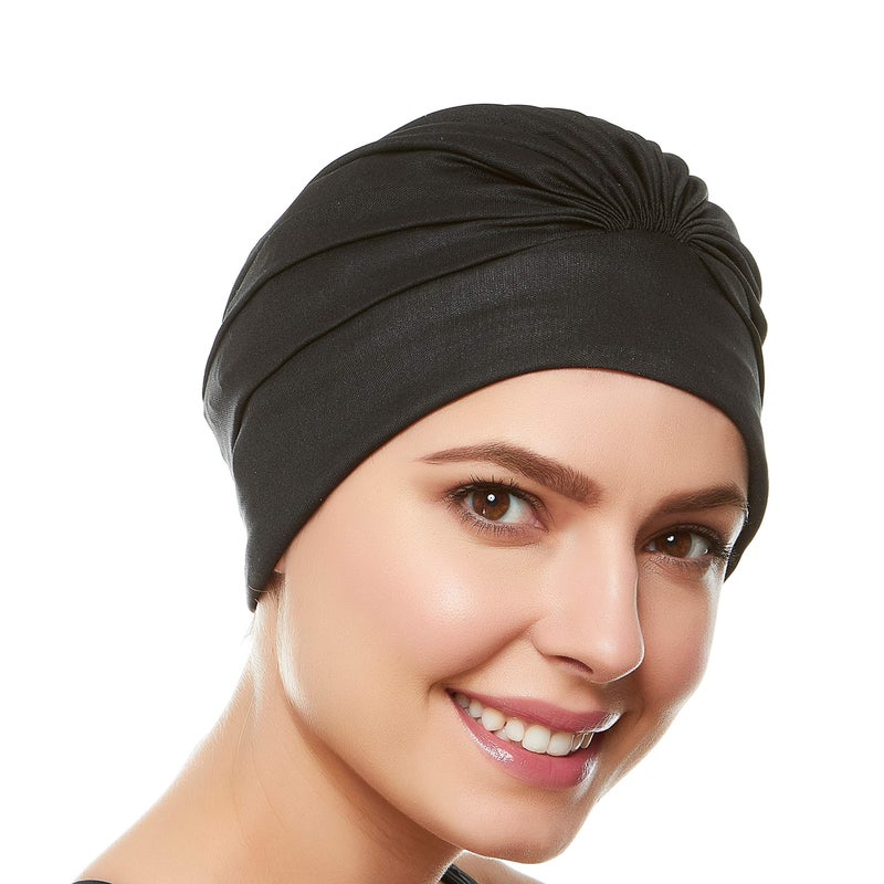 Beemo Swim Caps for Women Swimming Turban Polyester Latex Lined Pleated for Ladies-2pk Blk/BLK - Image 2